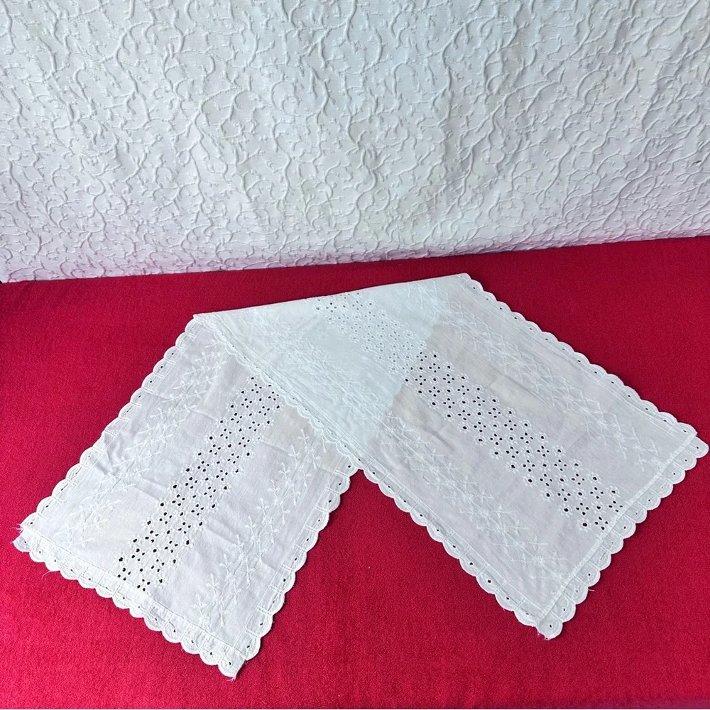 Vintage Table Runner Embroidered White Cotton Geometric Home Decor Lace Handmade
